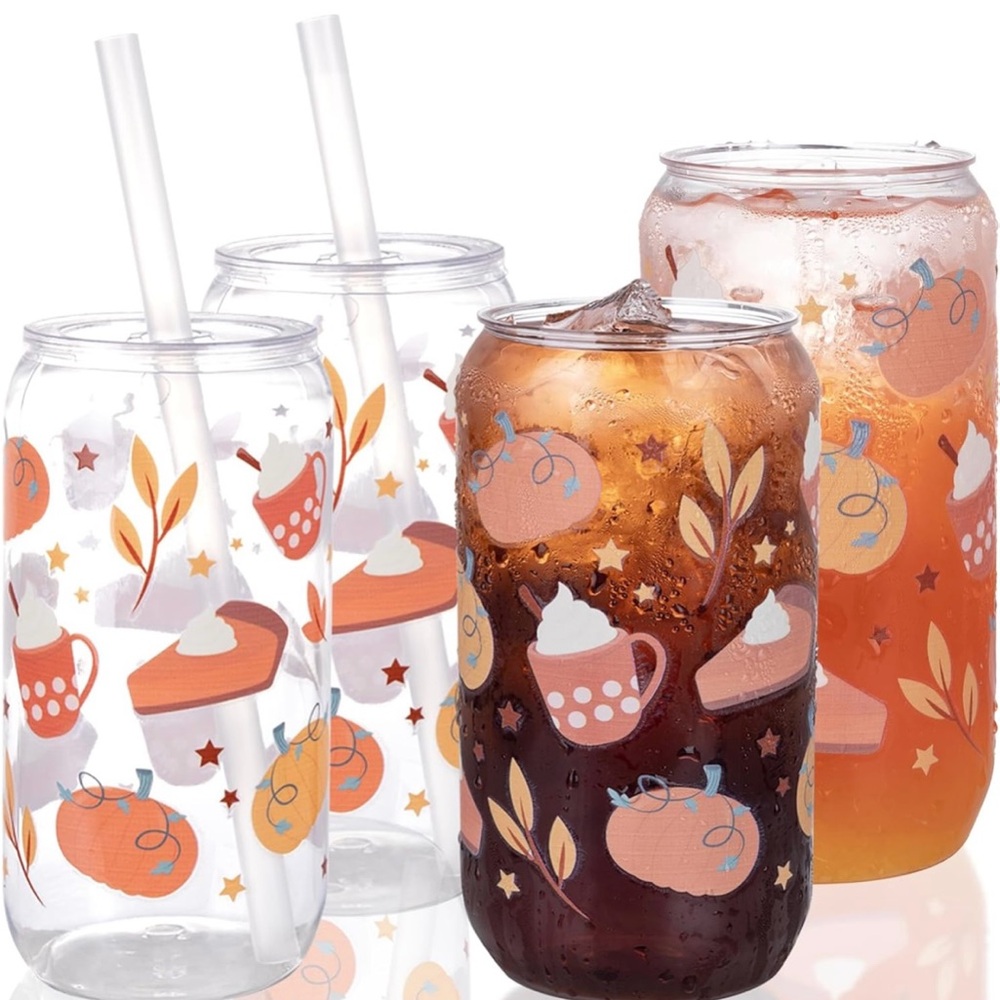 Set of 6 Autumn Themed PlasticTumbler Set with Straws and Lids   NEW